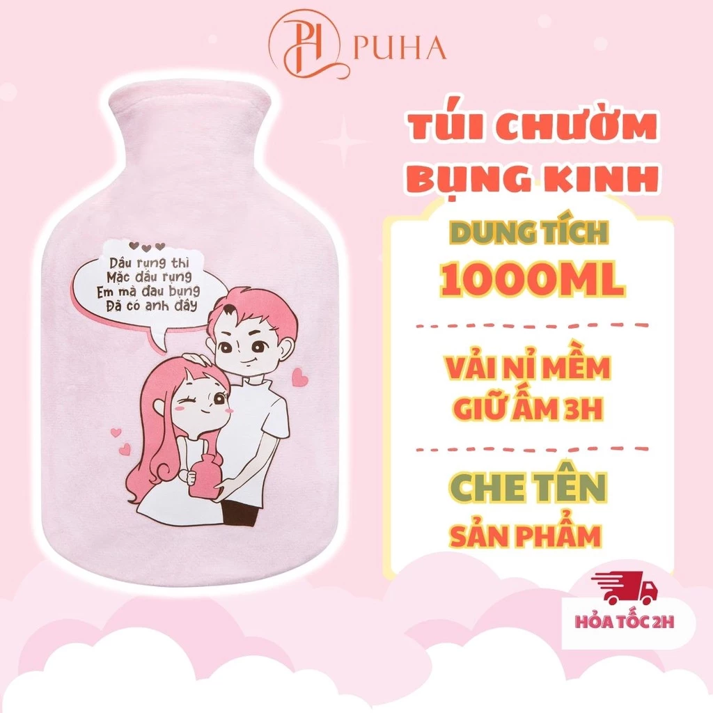 Túi chườm nóng lạnh PH PUHA 1000ml giữ nhiệt 3h, hoạ tiết in nổi, hỗ trợ giảm đau bụng kinh cho nữ