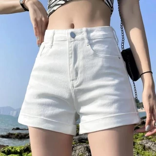 Quần short jeans trắng mùa hè YUEWEN dành cho nữ có dây thắt lưng cao mỏng và họa tiết in chữ lớn 2023 mẫu mới