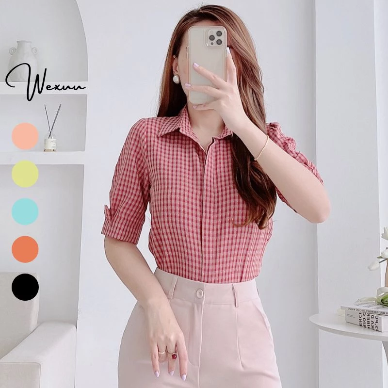 Áo sơ mi nữ thiết kế kẻ caro cổ đức tay lỡ phối nơ màu sắc trẻ trung WEXUU - 01 - BS07