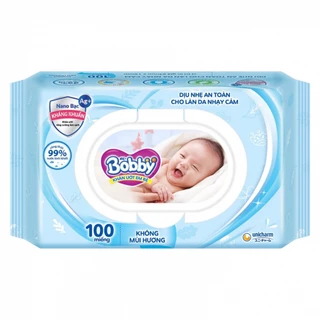 khăn ướt Bobby 100 tờ không mùi cho bé sơ sinh,khăn giấy ướt diệt khuẩn không mùi cho bé hàng chính hãng