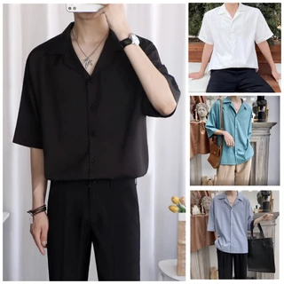 Áo sơ mi cổ Vest trơn tay ngắn nam nữ unisex form rộng tay lỡ basic, chất vải đũi trơn Hàn cao cấp mịn chống nhăn