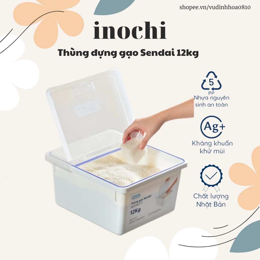 Thùng đựng gạo cao cấp Inochi 12Kg - Chống ẩm và oxy hóa, giữ độ ngon của gạo