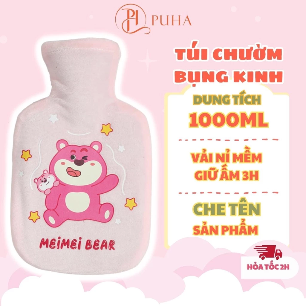 Túi chườm nóng đau bụng kinh PH PUHA 1000ml giữ nhiệt 3h, mẫu cute