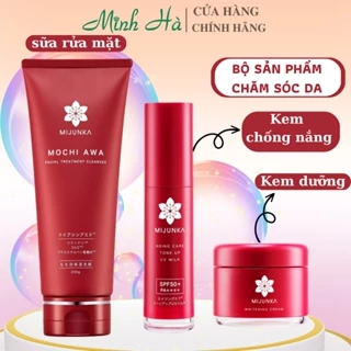 Bộ sản phẩm MIJUNKA gồm sữa rửa mặt, kem chống nắng, kem dưỡng trắng da