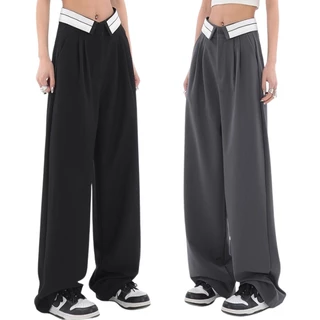 Quần Ống Suông Nữ Culottes Cạp Bẻ Phối Viền Lưng Cao Chất Dày Dặn Phong Cách Hàn Quốc (Hàng Quàng Châu)