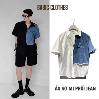 Áo Sơ Mi Tay Lỡ Phối Jean Form Rộng, Áo Sơ Mi Kiểu Chất Chéo Hàn Cao Cấp Phong Cách Hàn Quốc