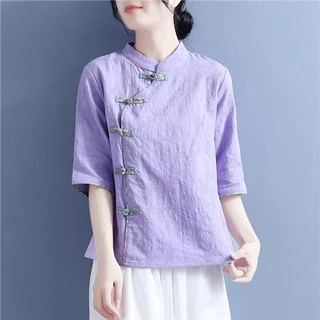 Áo Sơ Mi Cotton Lanh Mỏng Cổ Đứng Tay Lửng Cài Nút Họa Tiết Hoa Phong Cách Trung Hoa Cổ Điển Thời Trang Mùa