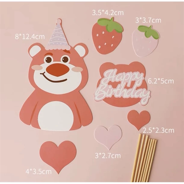 Set 7 que cắm HPBD gấu hồng Lotso + dâu tây + tim