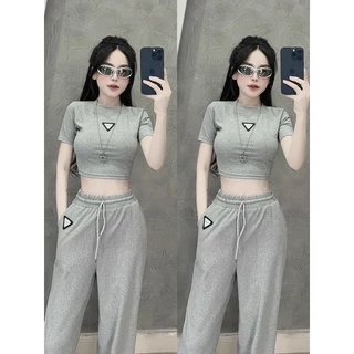 Sét bộ áo croptop ôm phối quần dài có túi chất vải thun cotton thời trang mặc đi chơi năng động.