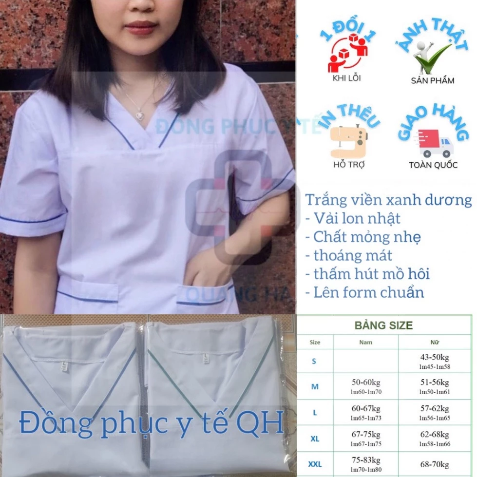 Bộ Scrubs Mẫu trắng viền Xanh dương - bác sĩ, blouse cổ tim, đồng phục điều dưỡng, spa, thẩm mỹ viện, dược sĩ .
