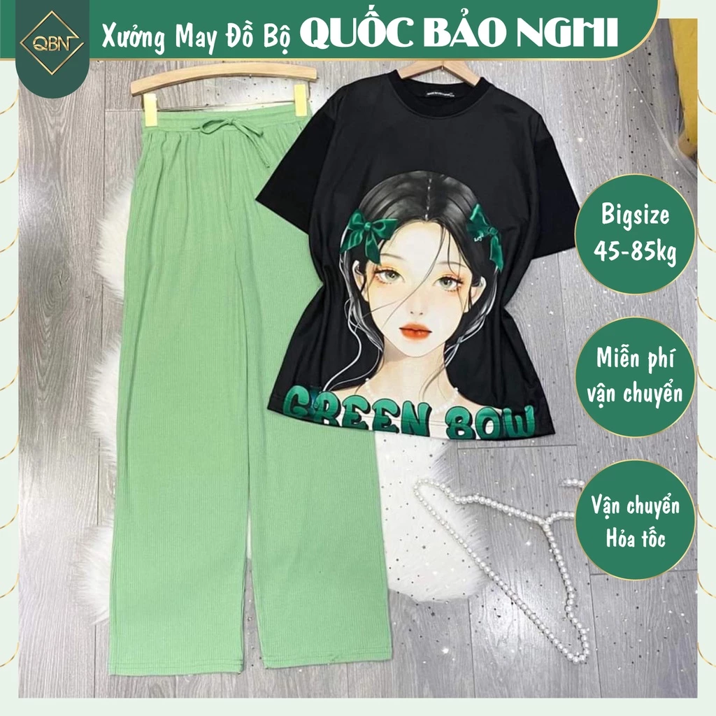 Set Bộ Quần Suông Xanh Áo In Cô Gái Green