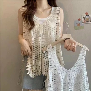 Áo len lưới đi biển, áo ba lỗ tanktop rộng sát nách, len đan lỗ to 528