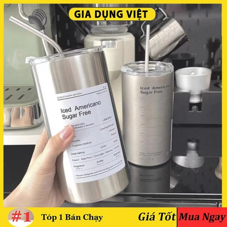 Bình đựng nước giữ nhiệt Iced Americano có ống hút dung tích 600ml, Ly cốc giữ nhiệt cute uống cà phê dùng văn phòng