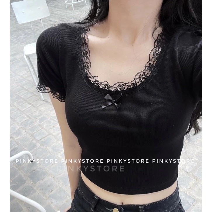 (2 màu) Áo croptop tay ngắn phối ren PINKYSTORE