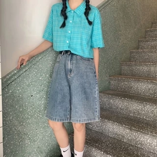 ✐▦✱♟Retro ins Quần short denim nữ eo cao mùa hè mới của Hàn Quốc là học sinh mảnh khảnh quần ống rộng ống rộng ▦✱♟