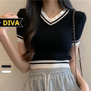 Áo croptop tay ngắn cổ chữ V hở bụng chất thun spandex DIVA CR13