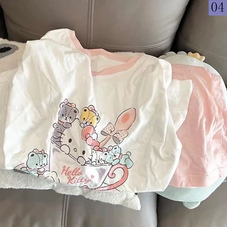 Bộ Đồ Ngủ Áo Tay Ngắn Phối Quần Short Vải Cotton In Hoạt Hình Mèo kitty Dễ Thương Thời Trang Mùa Hè Cho Nữ