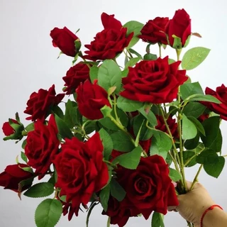 Hoa giả decor Cành hồng nhung 6 bông 3 nụ cắm bình đẹp