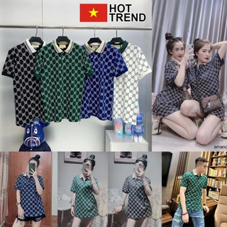 Áo polo GG họa tiết in kín HOTTREND - Áo phông cổ bẻ nam nữ unisex freesize form rộng 65kg chất cotton cháy phố 2023