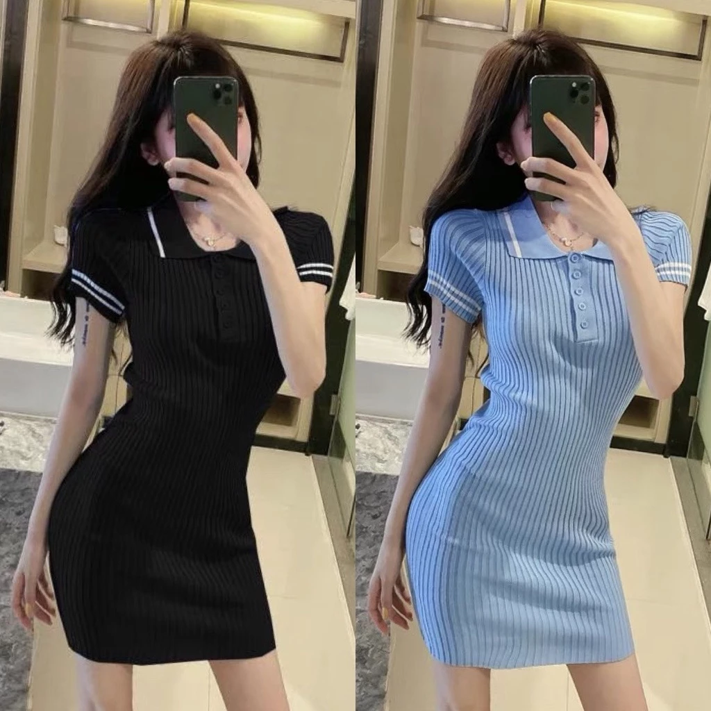 Váy len polo body nữ dáng ôm tay ngắn kiểu cổ bẻ dệt kim co dãn 4 chiều phong cách Hàn Quốc trẻ trung