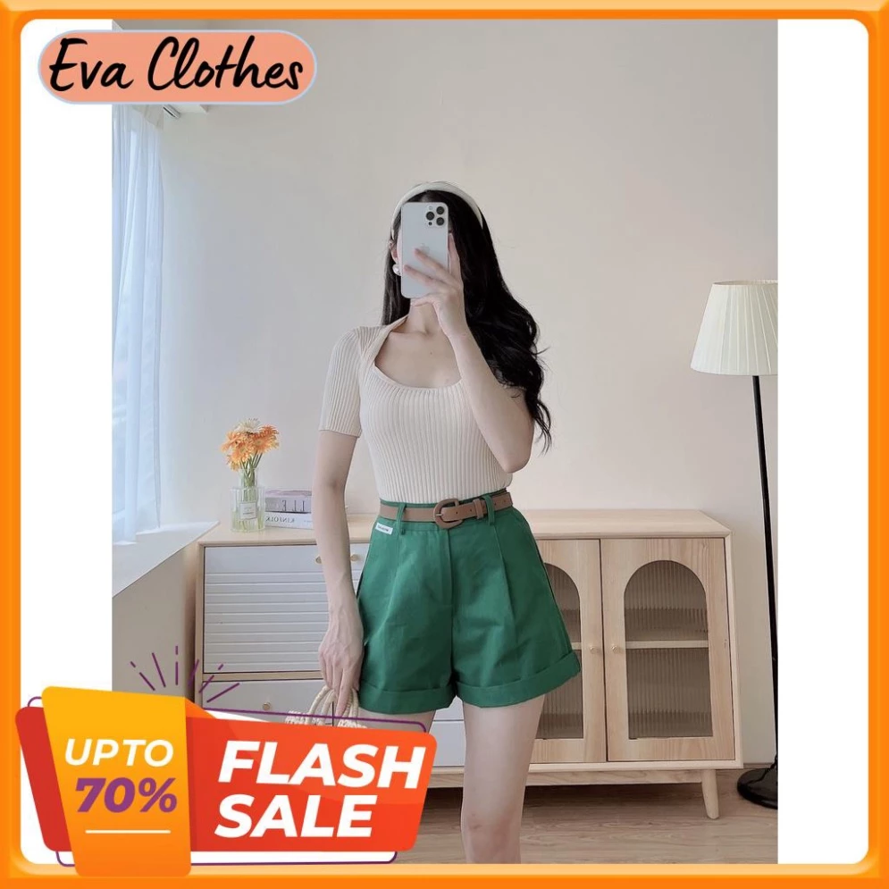 Áo len tăm kiểu trễ cổ thiết kế trẻ trung co dãn mix Quần sooc Quần baggy Eva Clothes - Hàng mới về