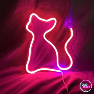 Đèn led neon mèo con DLQdecor 22 x 17 cm màu hồng decor phòng ngủ
