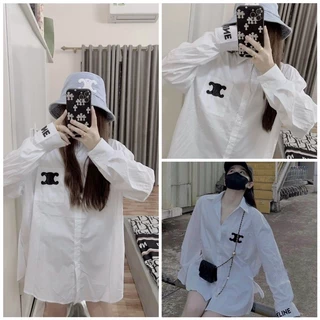 Áo Sơmi Dài Tay Trắng Unisex In C.E.L.I Túi Ngực Form Rộng Siêu Xinh❣️Sơ Mi Họa Tiết Logo Ngực