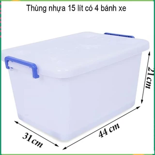 thùng nhựa đựng đồ có nắp khóa cài, 2 quai xách, có 4 bánh xe 15 lít. H749