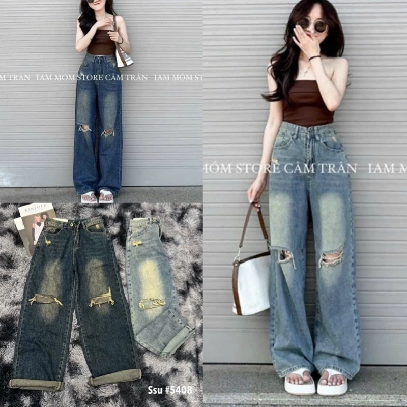 Quần ống suông mài đùi rách 2 bên gối chất bò dày cạp cao