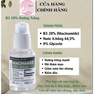 Serum dưỡng trắng Derma Factory Niacinamide 20% - 30ml, dưỡng trắng chuyên sâu, chống lão hóa, căng bóng da. bichbeauty