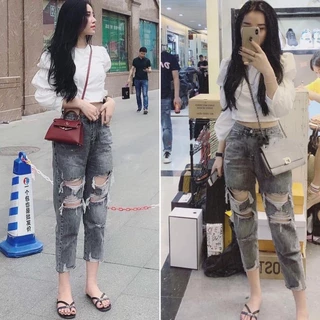 QUẦN JEAN NỮ BAGGY (K GIÃN) RÁCH NHIỀU MÀU XÁM 3/1 - 3166 SIZE S,M,L