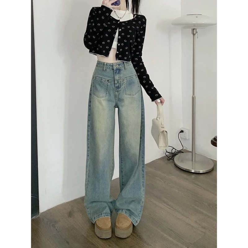 Quần jeans suông li chéo lưng cao màu mới phong cách Hàn Quốc