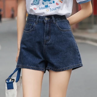 (SẴN xanh đậm XL) Quần short sooc denim lưng cao ống rộng phong cách cho nữ