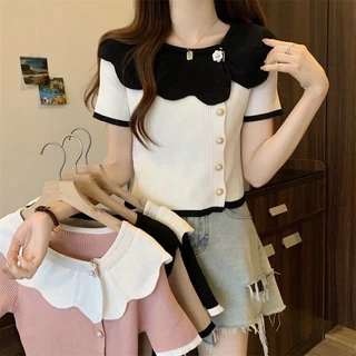 Áo len croptop cổ cánh hoa, áo len mỏng dáng ngắn