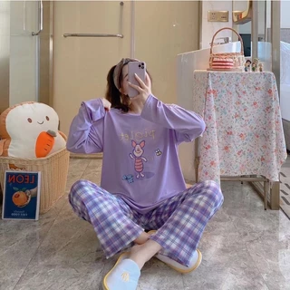 Đồ bộ thun tay dài Quảng Châu, pijama quần dài, đồ mặc ở nhà họa tiết hoạt hình dễ thương, bộ mặc nhà tặng kèm túi