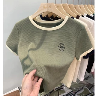 Áo Thun Cotton Ngắn Tay Tổ Ong Thêu Xúc Xắc ❤️Kimee❤️ áo baby tee nữ vải tổ ong cao cấp MA060