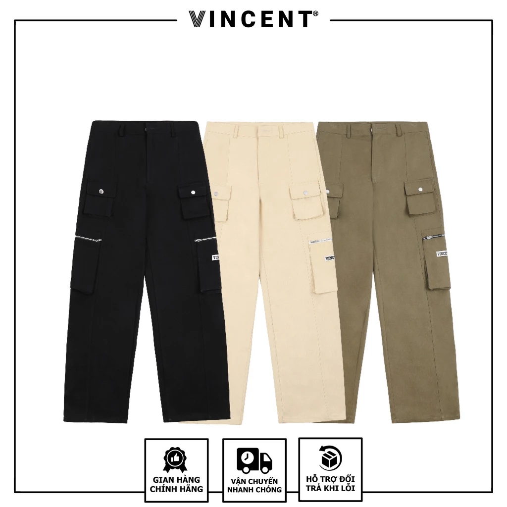 Quần Túi Hộp Vincent, Vải Kaki Cotton Đứng Phom, Dây Kéo Inox Màu Đen/Xanh Rêu/Kem
