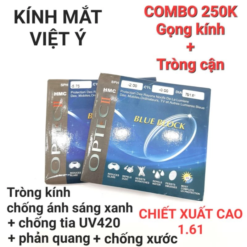 Mắt kính cận chống ánh sáng xanh, chống tia UV, chống xước chiết xuất cao 1.61