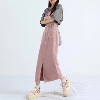 Jiashucheng Chân Váy Denim Dài Dáng Chữ a Lưng Cao Xẻ Tà Màu Hồng Thời Trang Mùa Hè Phong Cách Mới Cho Nữ