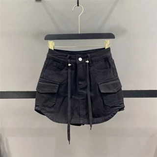 Jiashucheng Chân Váy Denim Ngắn Chữ a Lưng Cao Phối Dây Rút Phong Cách Xuân Hè Mới Cho Nữ