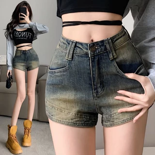 Jiashucheng Quần Short Denim Lưng Cao Dáng Ôm Co Giãn Phong Cách Retro Đường Phố Dễ Phối Đồ Cho Nữ