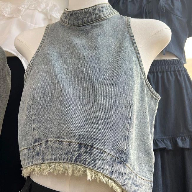 Áo Denim Sát Nách Dáng Ôm Phối Tua Rua Phong Cách Cổ Điển Thời Trang Mùa Hè Mới Cho Nữ