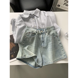 Jiashucheng Quần Short Denim Chữ a Lưng Cao Dáng Ôm Màu Xanh Nhạt Phong Cách Retro Mùa Hè Mới Cho Nữ