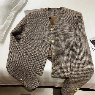 Áo khoác dạ tweed dệt kim, cúc kim loại mạ đồng- sẵn