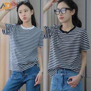 Áo thun nữ ADO JEANS cổ tròn tay đùi, kẻ sọc ngang dáng suông, vải Cotton co dãn mềm mịn cao cấp (Mã1609)