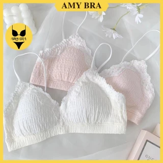 Áo ngực không gọng mút mỏng - Áo lót nữ cotton đũi viền ren êm ái AMYBRA A1109