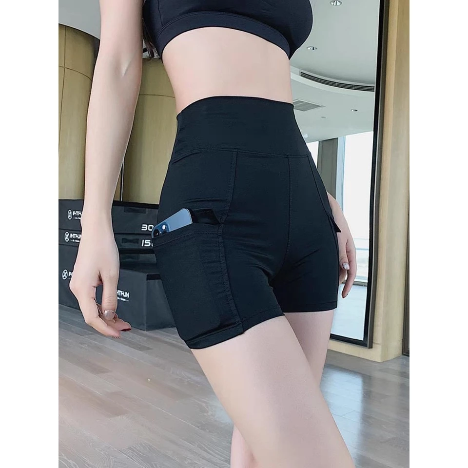 Quần Đùi Tập Gym Yoga Nữ Vải Thun Lưng Cao Có Túi 2 Bên