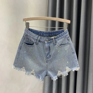 Jiashucheng Quần Short Denim Dáng Chữ a Cạp Cao Đính Kim Cương Nóng Bỏng Thời Trang Mùa Hè Mới Dễ Phối Đồ Cho Nữ