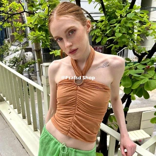 Áo Croptop Hai Dây Cột Dây Xếp Ly Quyến Rũ Thời Trang Mùa Hè Cho Nữ