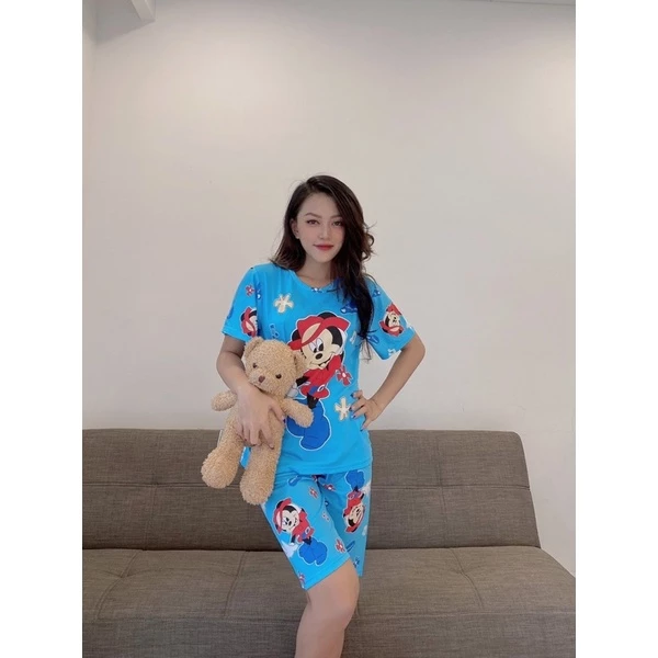 Bộ mặc nhà tay ngắn quần lửng, Đồ thun thoáng mát thấm hút mồ hôi co giãn tốt. Hoả tốc 30’